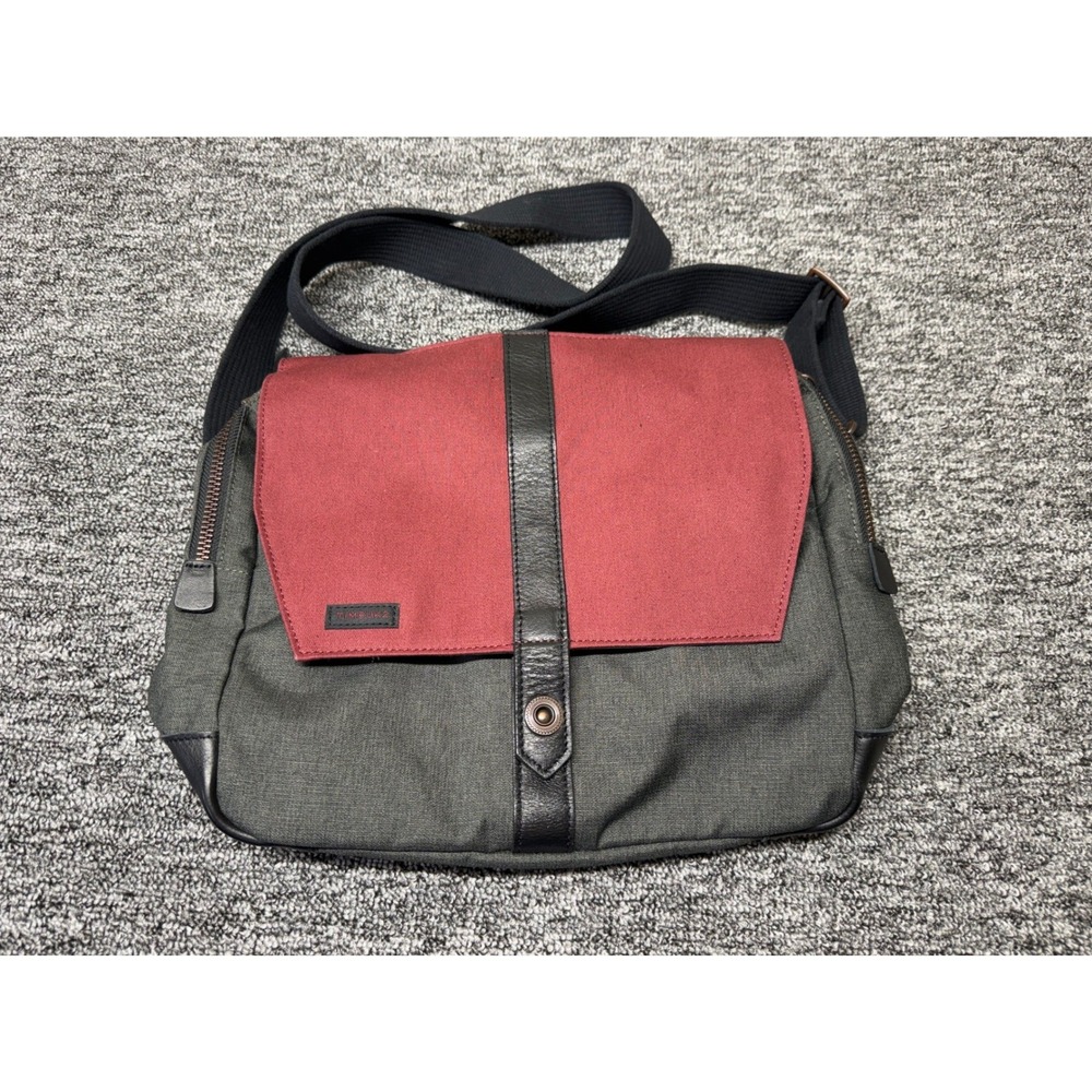 Timbuk2 Messenger Bag Canvas Leather Trim Grey Burgundy Crossbody Commuter